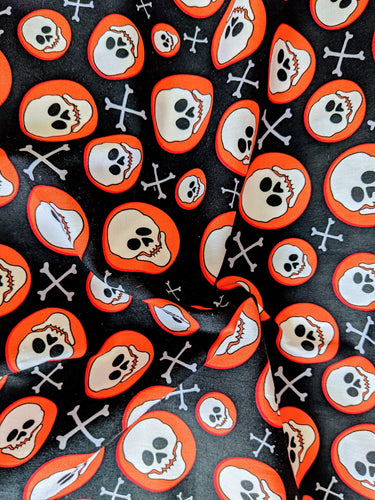 Orange, Black And White Skull Cotton Fabric, Halloween Fabric